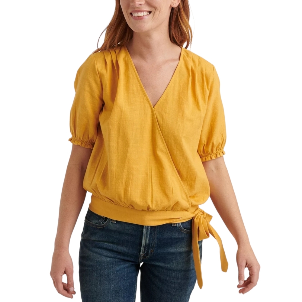 Lucky Brand Yellow Textured Side-Tie Wrap Short Sleeve Top, Small 4/6